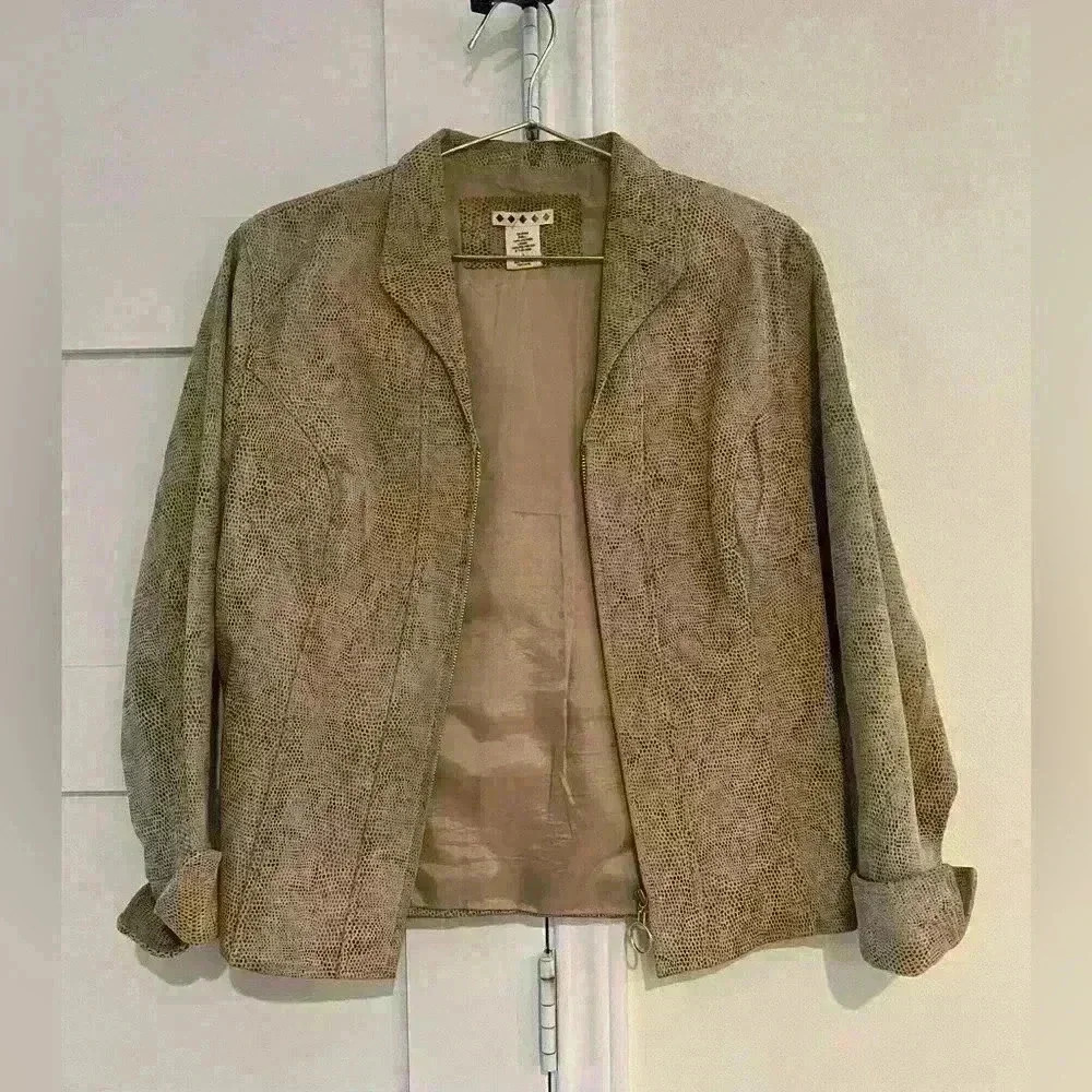 Vintage 100% leather tan snake print jacket with cuff sleeves size Large EUC